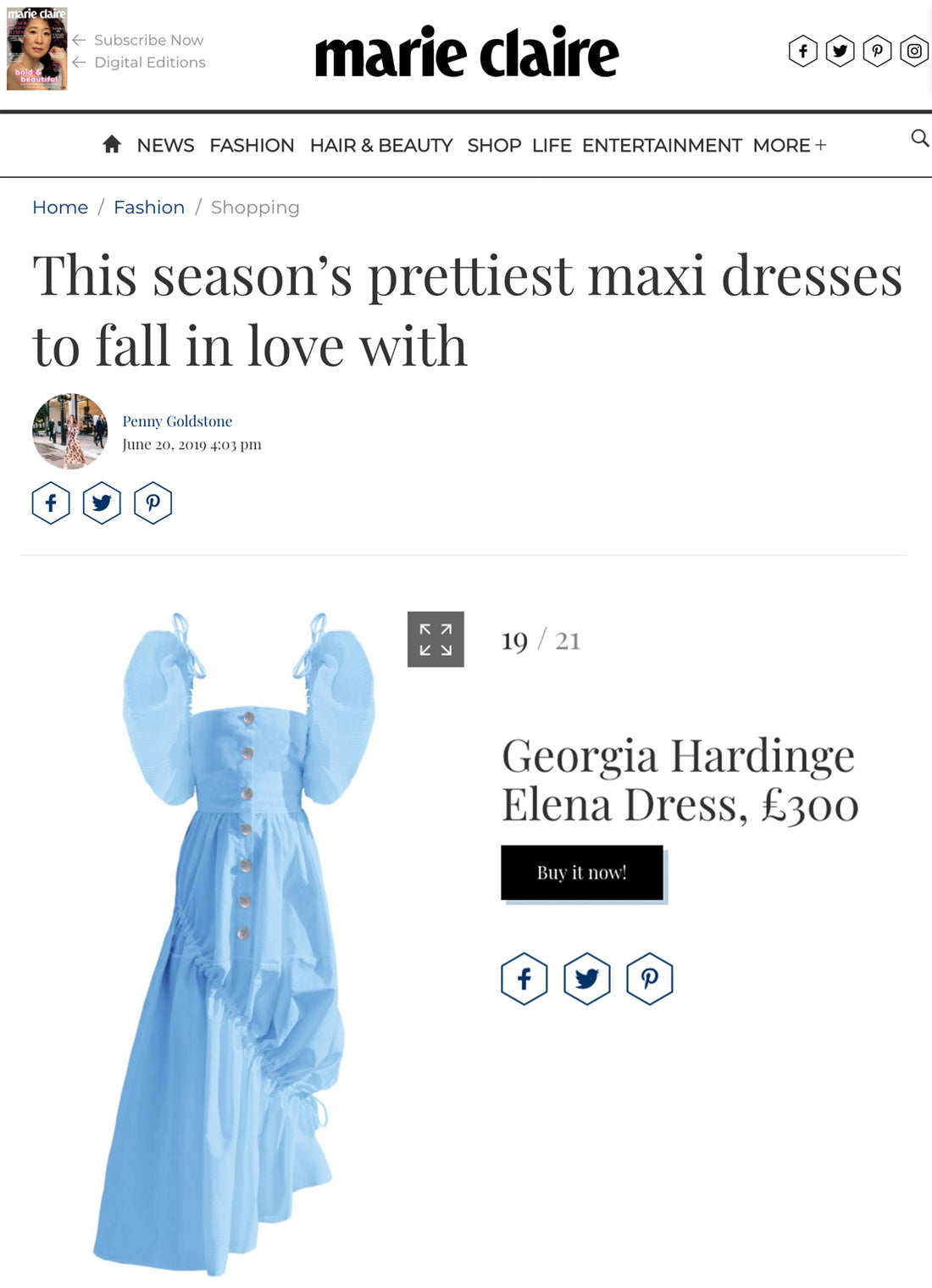 Marie Claire names SS19 Elena Dress one of 'This Season's Prettiest Maxi Dresses'