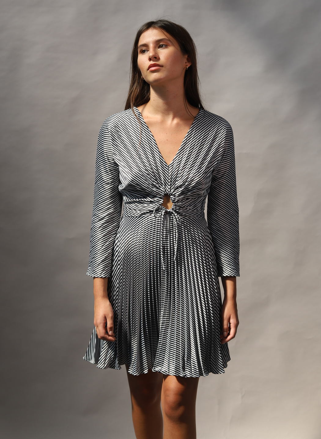 Georgia Hardinge illusion dress mini stripe keyhole skater style long sleeve pleated