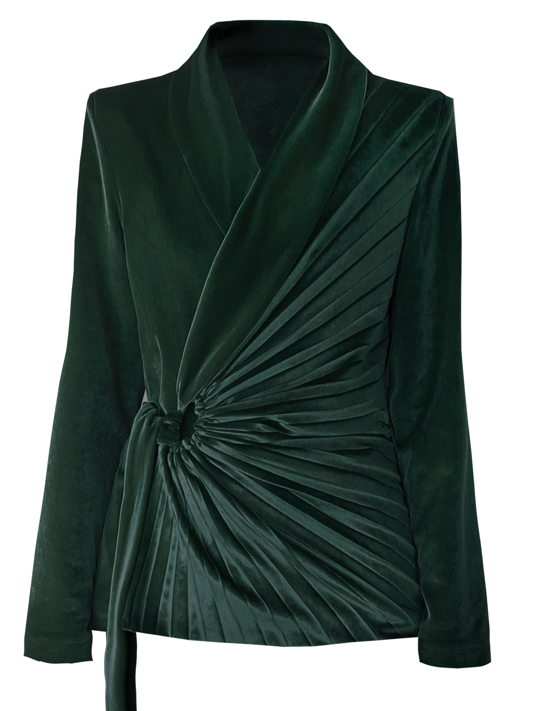 Georgia Hardinge Nero Blazer velvet green shawl neck tie wrap style pleated key hole suit