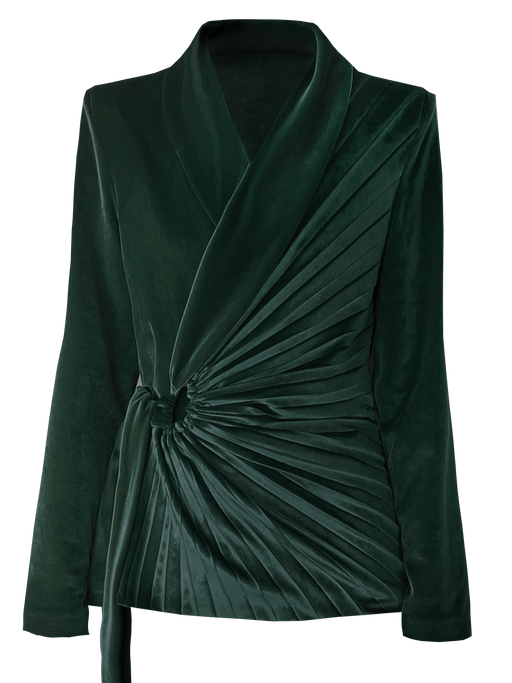 Georgia Hardinge Nero Blazer velvet green shawl neck tie wrap style pleated key hole suit