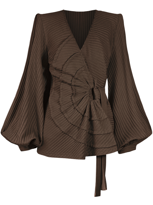 Georgia Hardinge brown wrap top serra robe puff sleeve