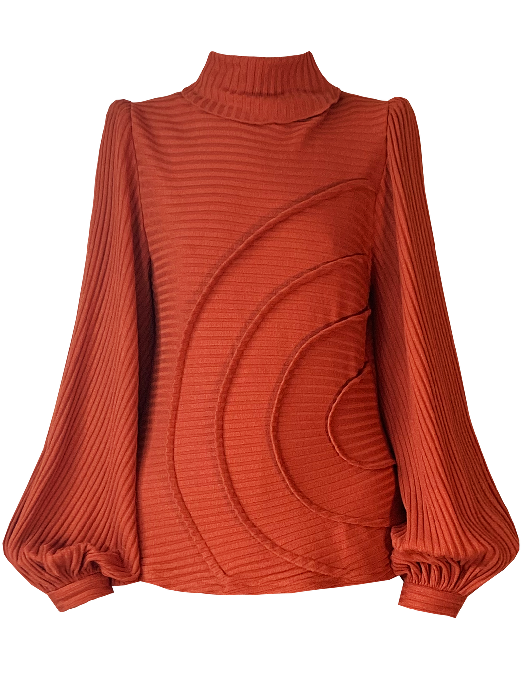 georgia hardinge serra jumper ribbed jersey knit turtleneck terracotta red orange rust puff sleeve tucks