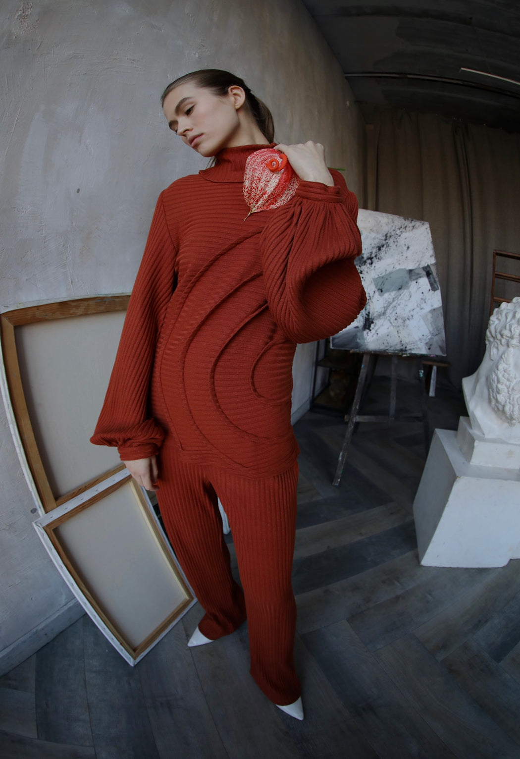 georgia hardinge serra jumper ribbed jersey knit turtleneck terracotta red orange rust puff sleeve tucks