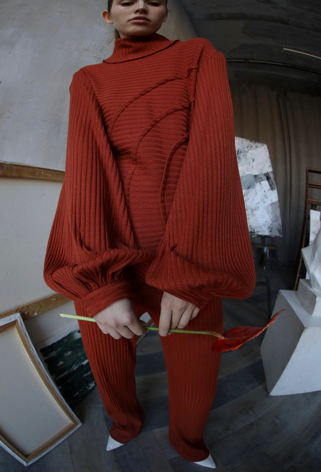 georgia hardinge serra jumper ribbed jersey knit turtleneck terracotta red orange rust puff sleeve tucks